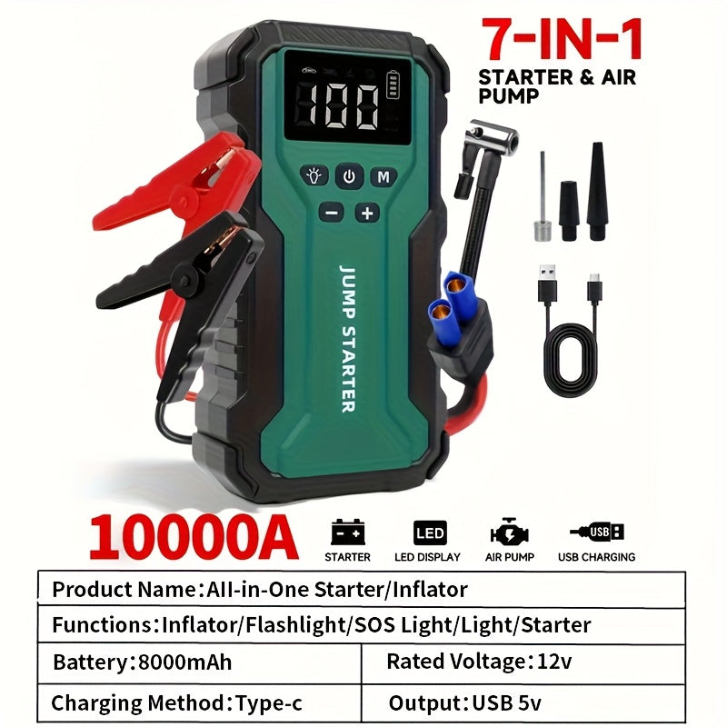 10000A Car Jump Starter 7-in-1 with 150PSI Air Compressor, Digital Tire Inflator, LED Emergency Light & USB Power Bank – Portable Battery Booster for Gas & Diesel Vehicles – Velora