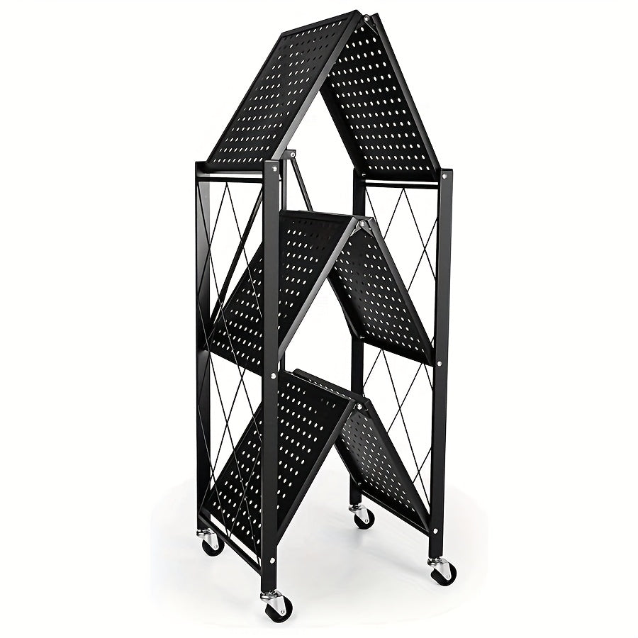 3-Layer Heavy Duty Foldable Metal Storage Rack with Wheels 750 LBS Capacity – Movable Rolling Shelving Unit for Garage, Kitchen, Warehouse & Home Organization, Black