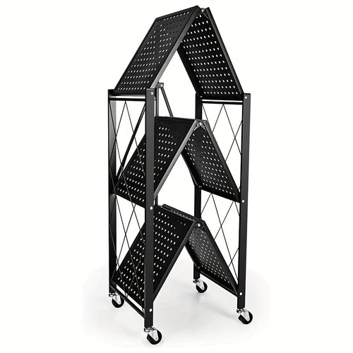 3-Layer Heavy Duty Foldable Metal Storage Rack with Wheels 750 LBS Capacity – Movable Rolling Shelving Unit for Garage, Kitchen, Warehouse & Home Organization, Black