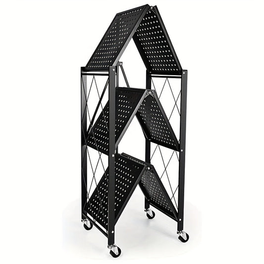 3-Layer Heavy Duty Foldable Metal Storage Rack with Wheels 750 LBS Capacity – Movable Rolling Shelving Unit for Garage, Kitchen, Warehouse & Home Organization, Black