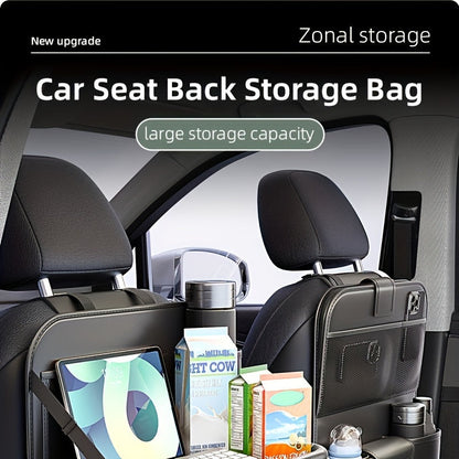 Car Seat Back Organizer PU Leather – Multifunctional Back Seat Storage Bag with Foldable Dining Table, Cup Holder & Travel Pockets, Universal Fit for Cars SUVs Trucks, Road Trip Accessories
