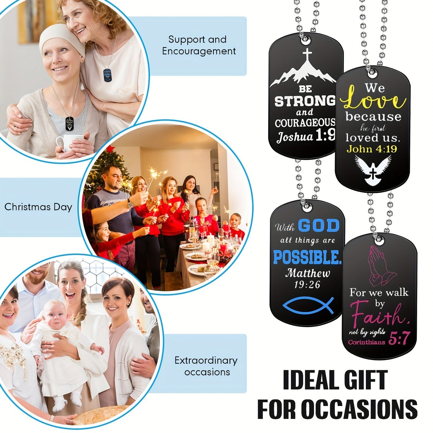 20Pcs Christian Bible Verse Dog Tag Necklaces Bulk Stainless Steel Inspirational Faith Necklace with Chain for Men Women Boys Religious Gift