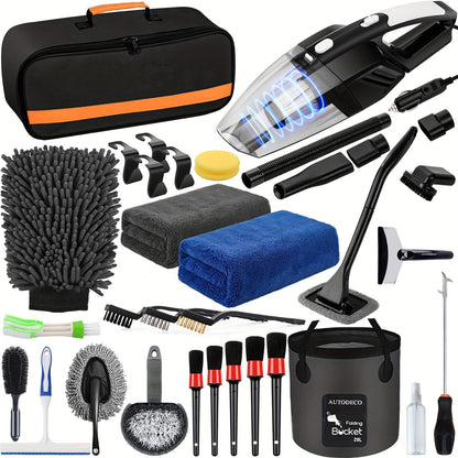 41-Piece Car Wash & Detailing Kit with 120W Handheld Vacuum Cleaner – Foldable Bucket, Windshield Tool, Snow Shovel, Tire Brush, Interior & Exterior Complete Car Care Set, Pink / Black / Blue