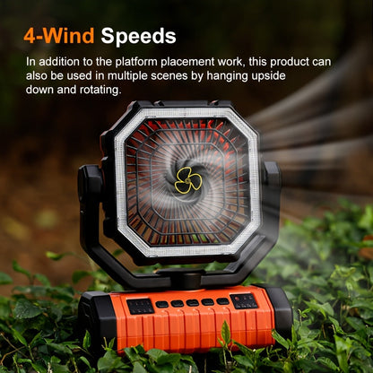 20000mAh Portable Camping Fan with LED Light – USB Rechargeable Outdoor Tent Fan for Hiking, Fishing & Camping – Durable Compact Design with Handle, Green & Orange