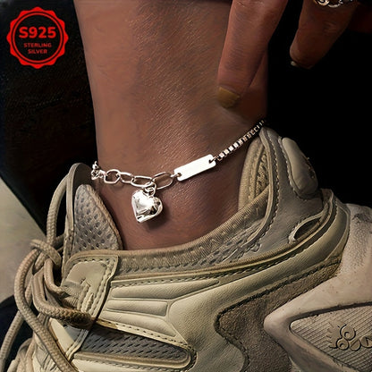 925 Sterling Silver Ankle Bracelet Set Heart Charm Lucky Tag – Boho Layered Anklet & Bracelet for Women, Dainty Matching Jewelry Gift for Christmas Birthday Beach Vacation Daily Wear