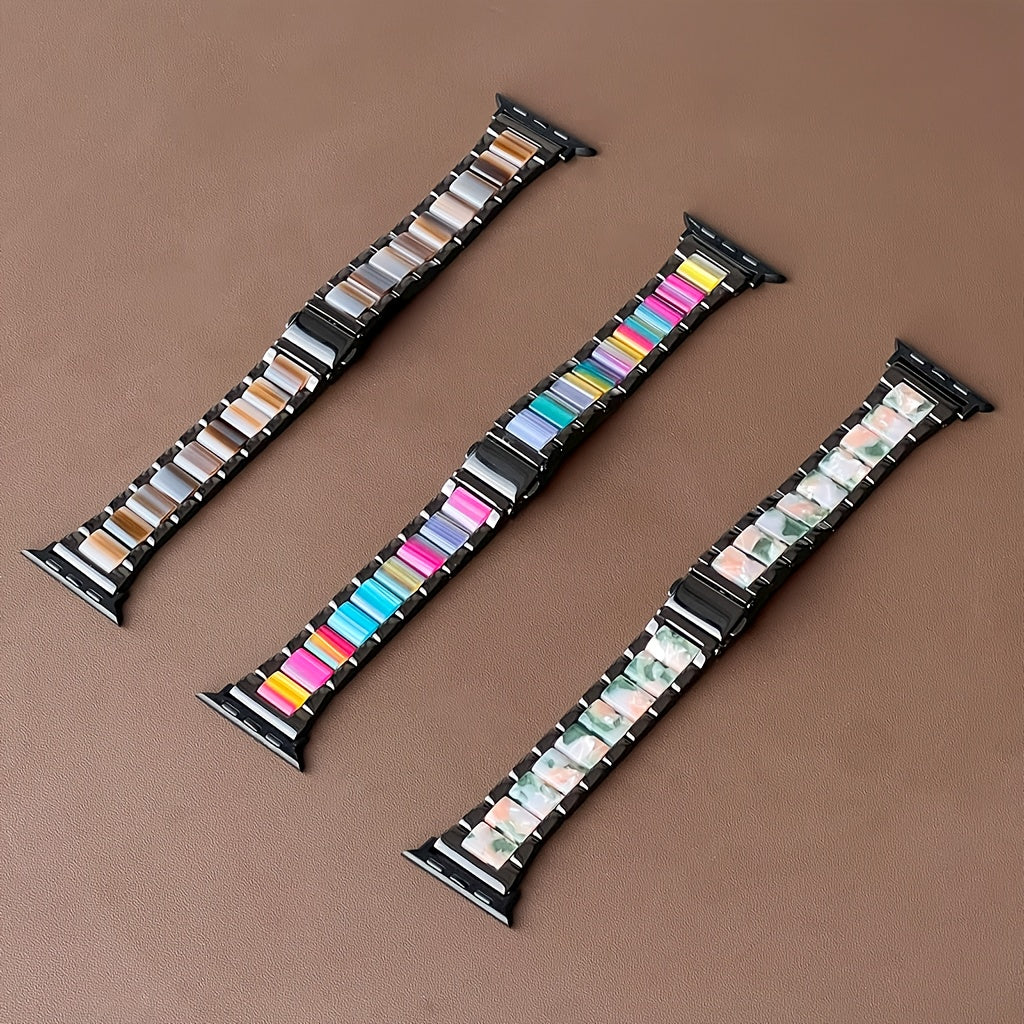 Apple Watch Band Women 42 44 45 46 49mm Stainless Steel Resin Starlight Rainbow Replacement Strap for iWatch Series 3-11 SE Ultra 1 2 3 – Work Office Fitness Party