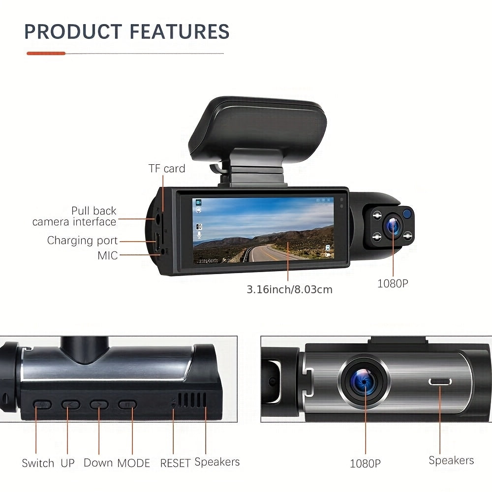 Dual Dash Cam Front & Inside 1080P – IR Night Vision, 150° Wide Angle, Loop Recording, Car DVR Camera with 32GB/64GB SD Card Option, 2" or 3.16" Screen