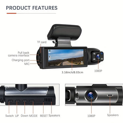 Dual Dash Cam Front & Inside 1080P – IR Night Vision, 150° Wide Angle, Loop Recording, Car DVR Camera with 32GB/64GB SD Card Option, 2" or 3.16" Screen