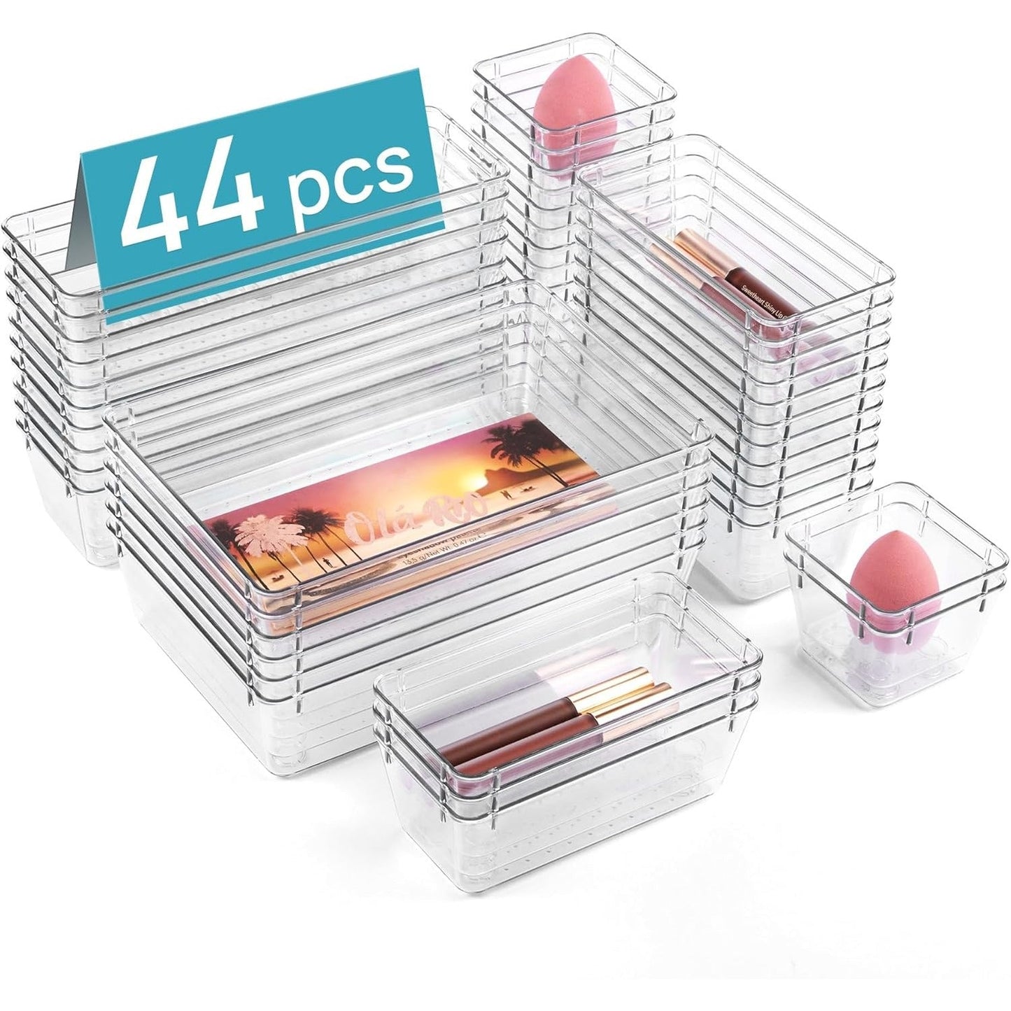 Clear Plastic Drawer Organizer Set 44 or 60 Pcs 4 Sizes Non-Slip Vanity Organizer Trays for Makeup Jewelry Bathroom Bedroom Kitchen Office