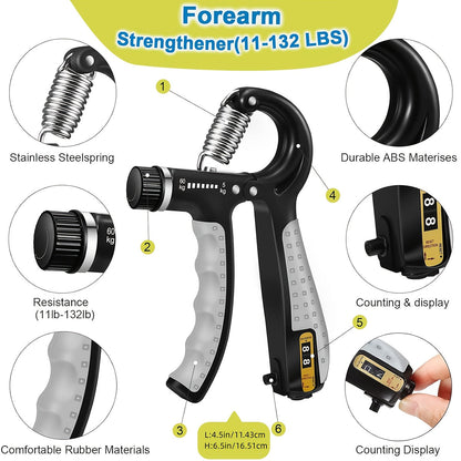 Grip Strength Training Set 4-Piece – Forearm Gripper, Finger Exerciser, Hand Strength Ring & Finger Stretcher with Wrist Strap for Men Women Athletes