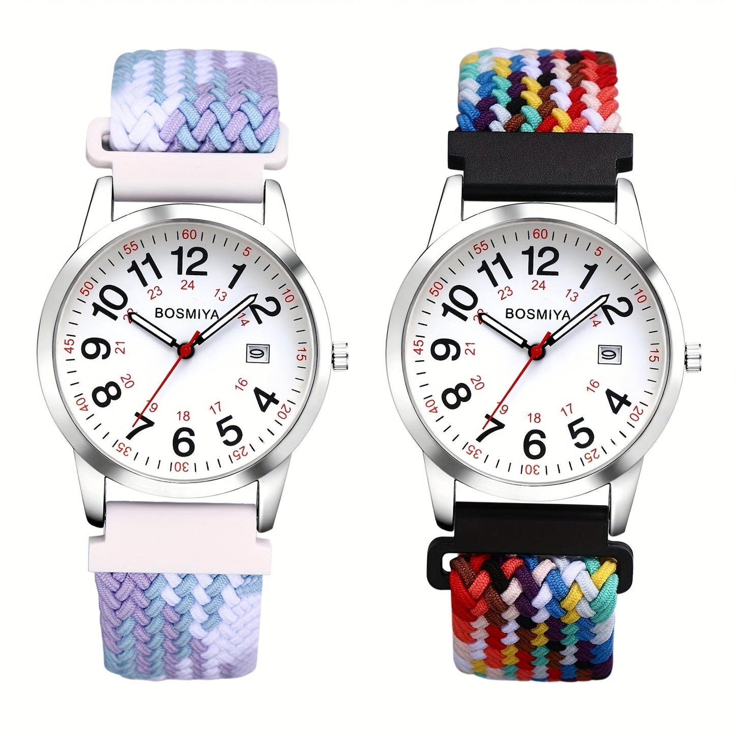Analog Quartz Sports Watch with Large Calendar Dial & Braided Nylon Strap – Easy-Read 24-Hour Round Case Wristwatch for Men & Women, Flexible Adjustable Elastic Band, 4 Styles
