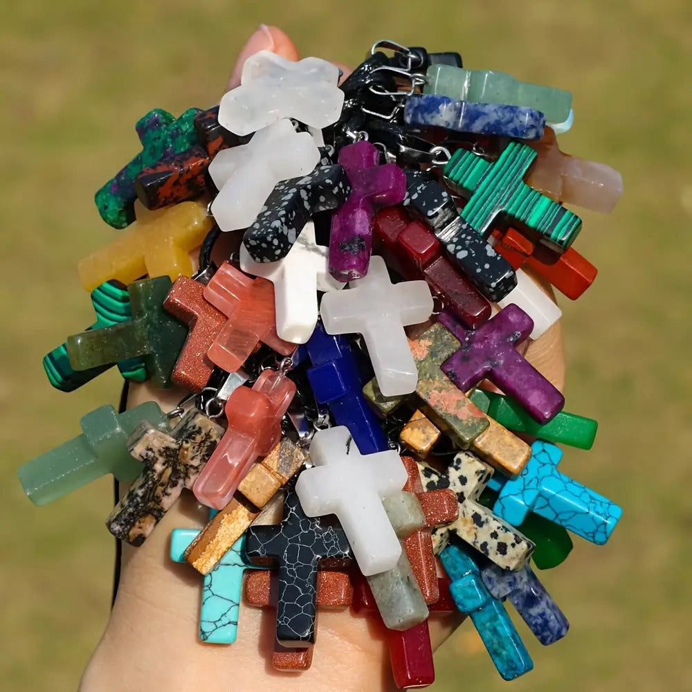 40pcs Natural Stone Cross Pendant & Necklace DIY Kit – 20 Quartz Imitation Gem Cross Pendants + 20 Adjustable Black Faux Leather Necklaces, Bulk Jewelry Making Supplies for Teens Women Bracelets Earrings Crafts