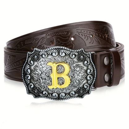 Western Cowboy Belt for Men & Women Embossed Floral Faux Leather – Longhorn Bull Pattern Big Buckle Zinc Alloy, Sizes 34-44, Stylish Durable Country Western Dress Belt Gift for Christmas Father's Day