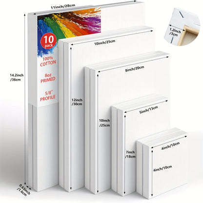 Stretched Canvas Multi-Pack Primed White 100% Cotton – Round Rectangular and Square Sets in 10 15 and 20 Pieces – Artist Canvas Boards for Acrylic Oil Painting Pouring and Mixed Media