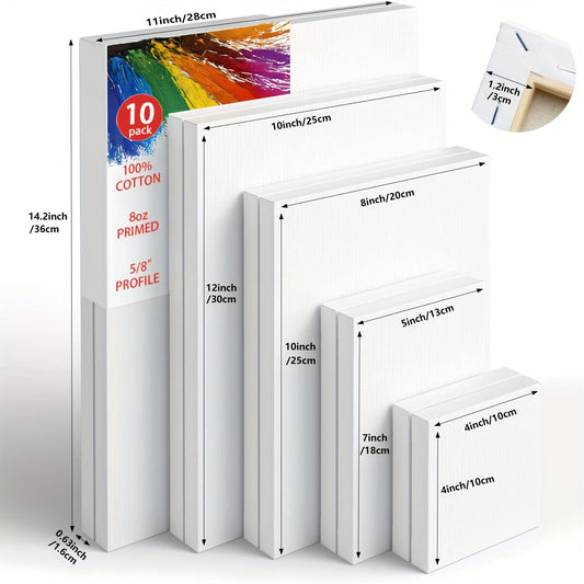 Stretched Canvas Multi-Pack Primed White 100% Cotton – Round Rectangular and Square Sets in 10 15 and 20 Pieces – Artist Canvas Boards for Acrylic Oil Painting Pouring and Mixed Media
