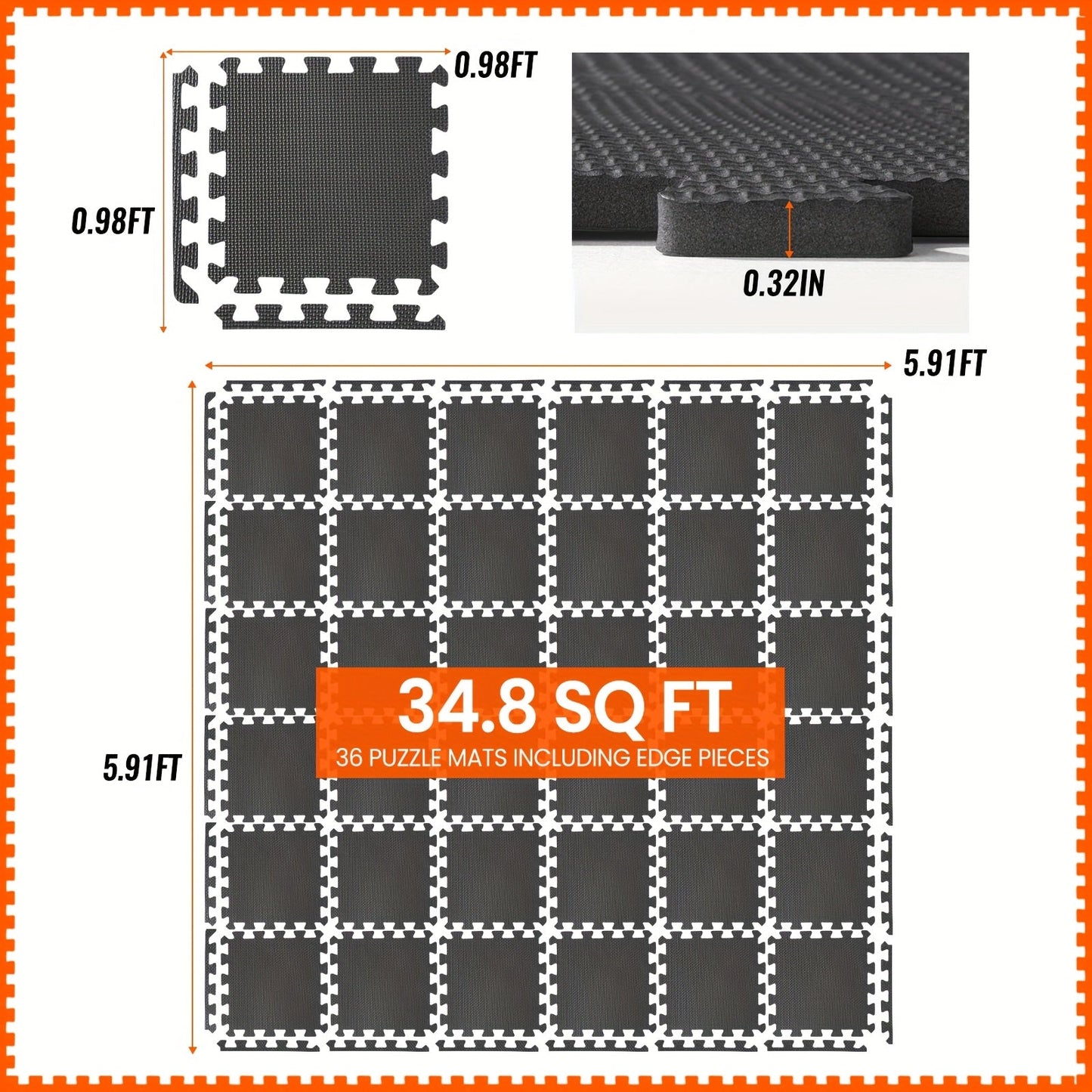 Interlocking Gym Floor Mats 36/48pcs EVA Foam Puzzle Tiles 12"x12" Non-Slip Exercise Mat for Home Gym Garage Playroom Fitness – Includes Border Strips, Coffee & Leaf Pattern