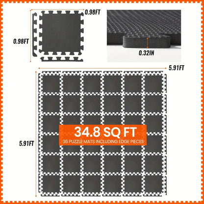 Interlocking Gym Floor Mats 36/48pcs EVA Foam Puzzle Tiles 12"x12" Non-Slip Exercise Mat for Home Gym Garage Playroom Fitness – Includes Border Strips, Coffee & Leaf Pattern