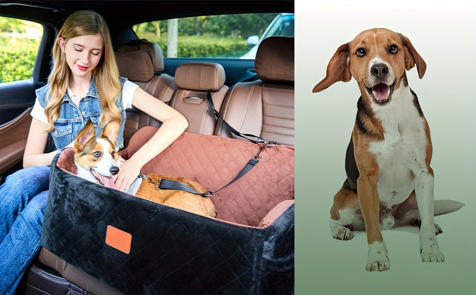 Dog Car Seat for Medium Large Dogs – Washable Memory Foam Pet Travel Car Bed with Seat Belt Pass-Through, Adjustable Straps & 3-Point Installation, Gray Black Brown All Black Black Gray