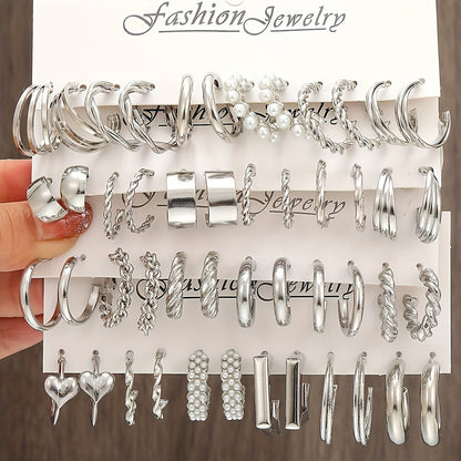 48pc Imitation Pearl Earring Set for Women – Assorted Stud & Dangle Styles, Silver Tone Hypoallergenic Earrings for Daily Wear, Vacation, Dates & Holiday Gifting