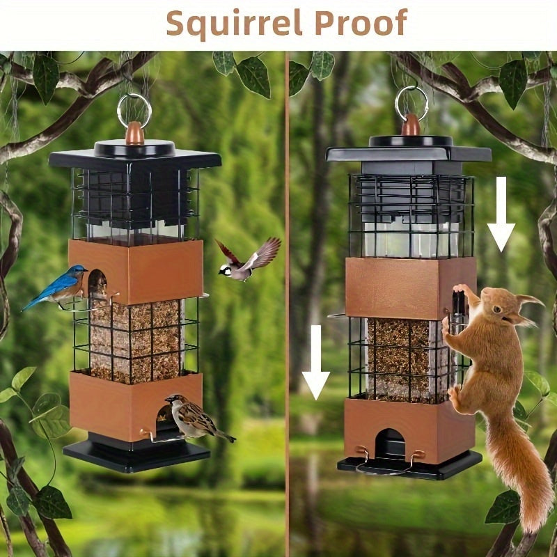 Squirrel Proof Bird Feeder 5LBS Large Capacity Outdoor Hanging Metal Construction Bilateral Weight-Activated Easy to Fill & Clean Weather Resistant for Garden Backyard