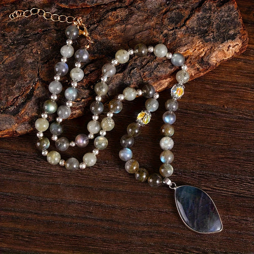 Labradorite & Moonstone Double Pendant Necklace Set 2pcs – Natural Stone Bohemian Jewelry with Aurora Borealis Effect, Spiritual Gift for Women, Teens, Mothers Day & Christmas