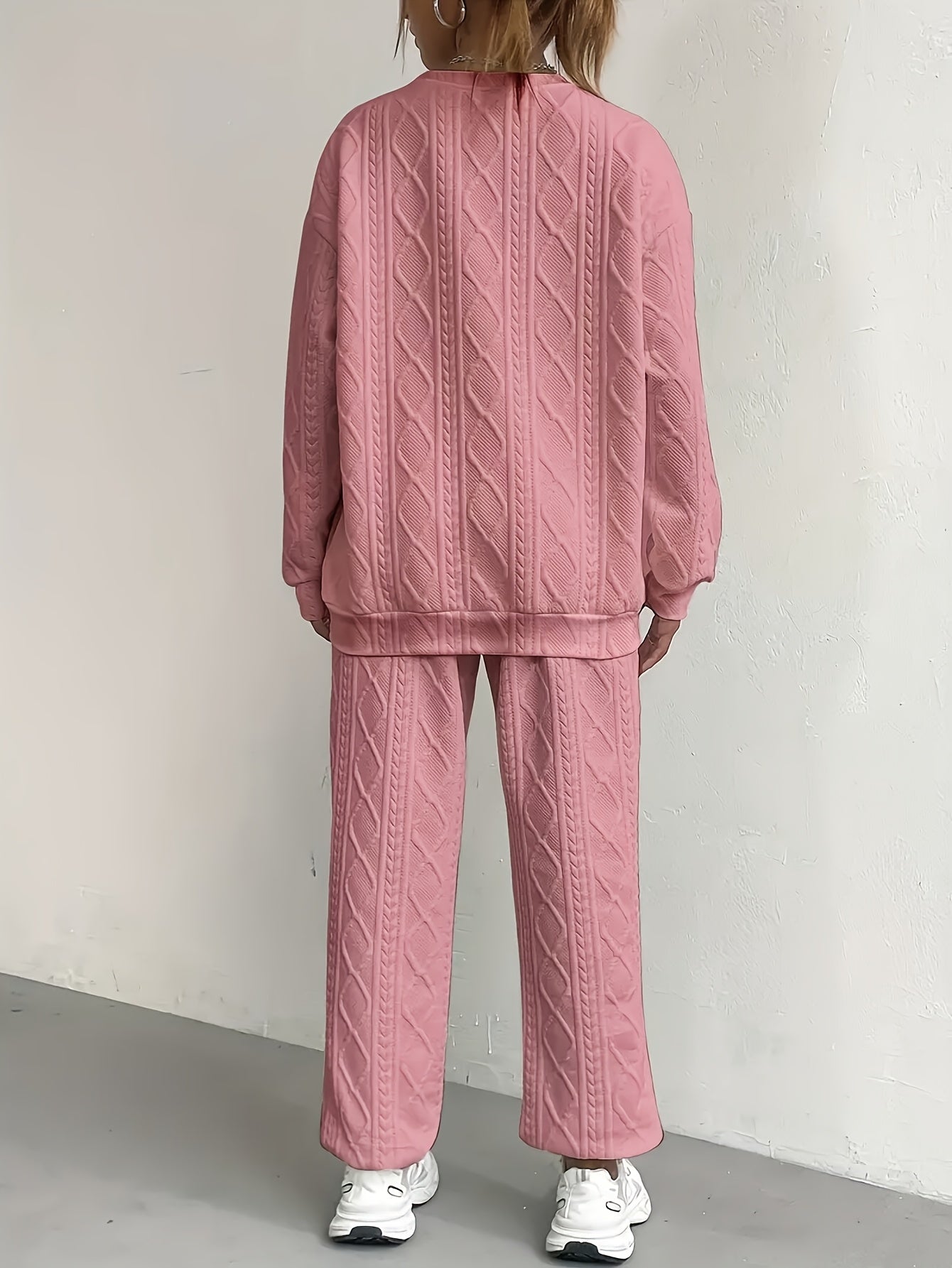 Women's 2-Piece Pullover Sweatsuit Set – Textured Jacquard Crewneck Long Sleeve Top & Sweatpants Tracksuit Breathable Casual Loungewear for Spring Summer S-XXL