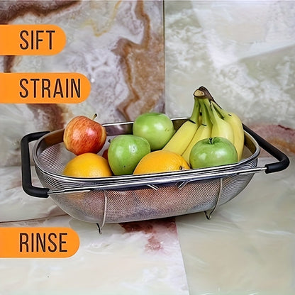 Expandable Stainless Steel Colander Strainer – Fine Mesh Drain Basket for Vegetables Fruits Pasta, Food-Safe Kitchen Essentials, Adjustable Size, Easy Storage
