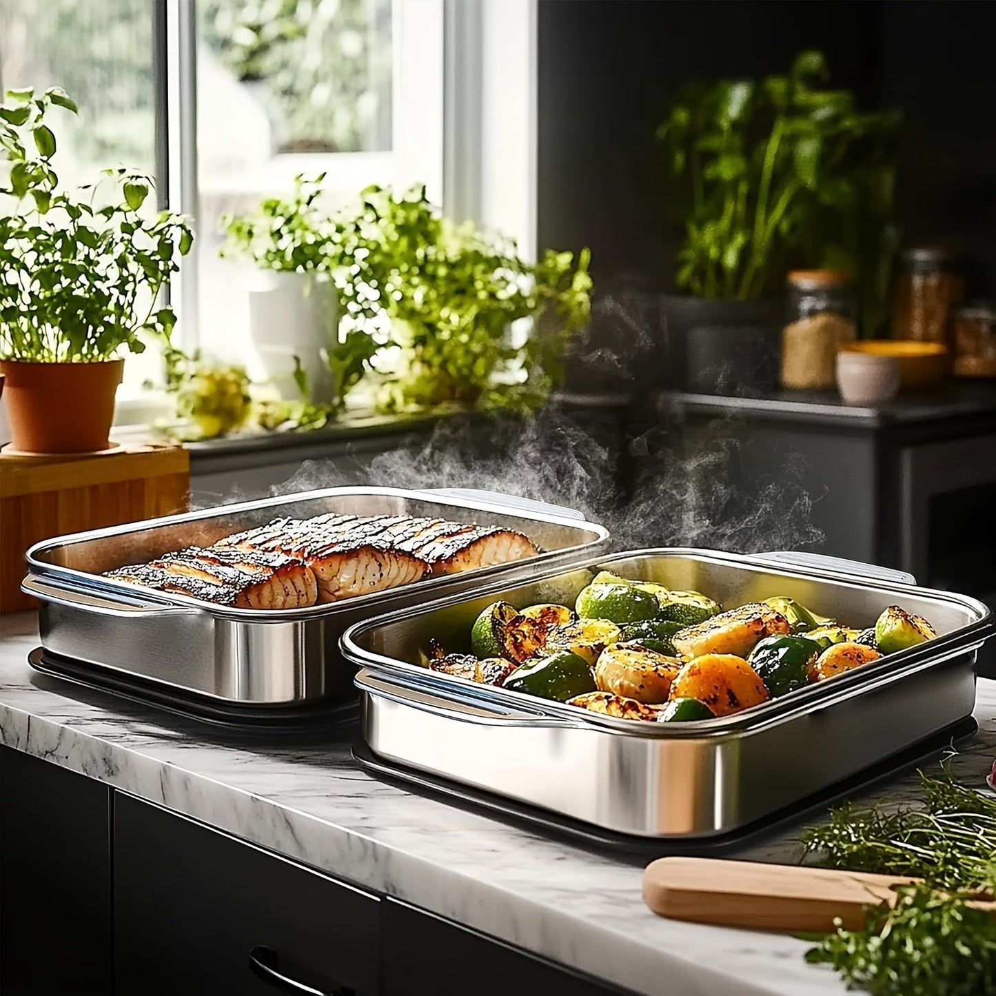Stainless Steel Baking Pans with Lids Set – Extra Large Non-Stick Heavy Duty Rectangular Oven Trays for Roasting Bread Desserts Seafood BBQ Buffet Serving, 2 4 6 8 Pack Options