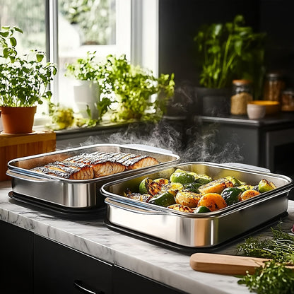 Stainless Steel Baking Pans with Lids Set – Extra Large Non-Stick Heavy Duty Rectangular Oven Trays for Roasting Bread Desserts Seafood BBQ Buffet Serving, 2 4 6 8 Pack Options