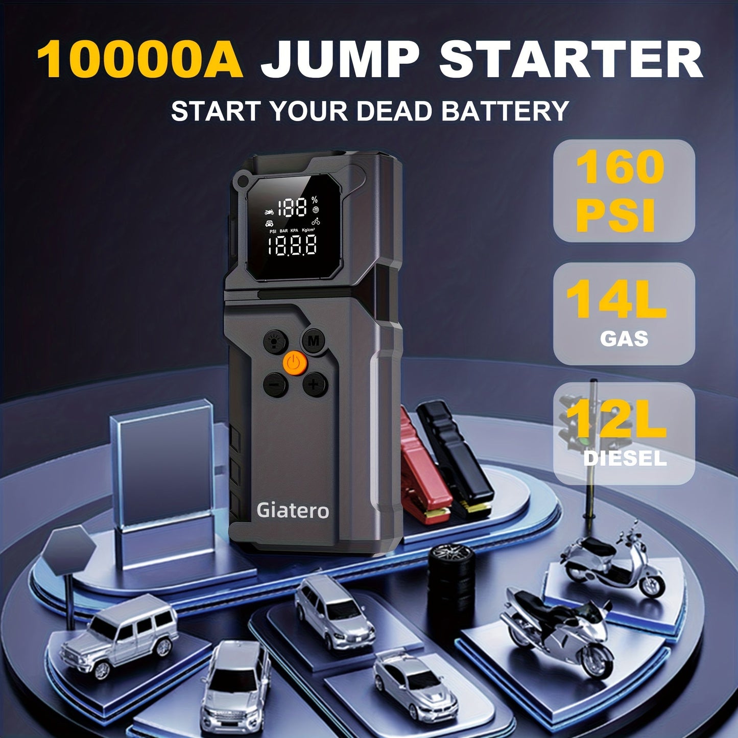 10000A Jump Starter with Air Compressor 160 PSI, Portable Car Battery Jump Starter Pack for Gas & Diesel Engines, USB-C QC 3.0 Fast Charge, Large Display, 3-Mode LED Flashlight, Jumper Cables Included – Giatero Q27