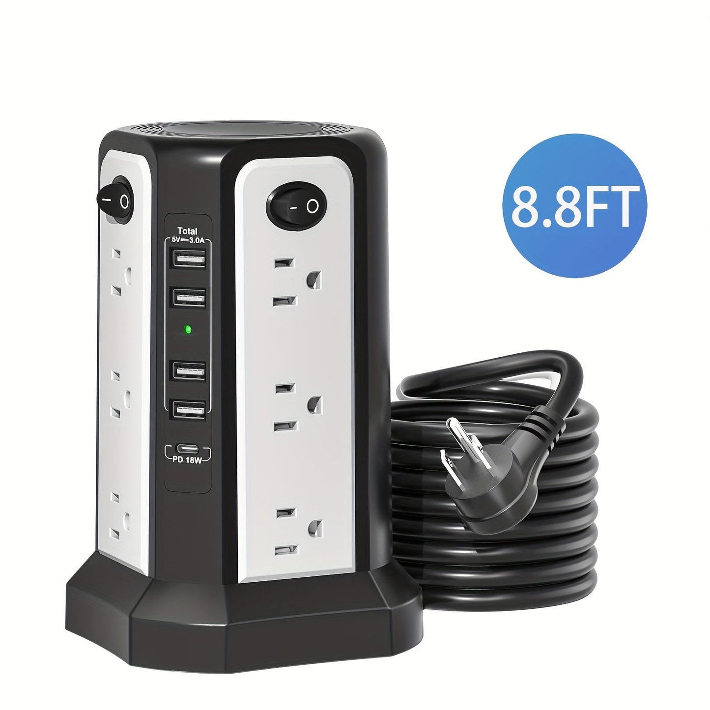 Tower Surge Protector Power Strip 12 AC Outlets 5 USB Ports PD 18W USB-C Fast Charging 10FT Extension Cord 1800J Surge Protection 4 Switches for Home Office Desk Dorm Room – Space-Saving Vertical Design