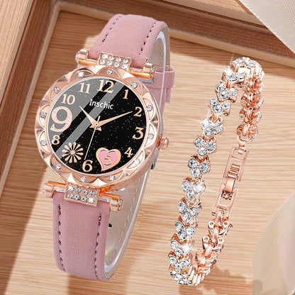 Rhinestone Heart Watch Set for Women – 2 Quartz Watches with Faux Leather Strap, Rose Gold & Pink Bracelet Wristwatch Gift Set for Valentine's Day, Birthdays & Parties