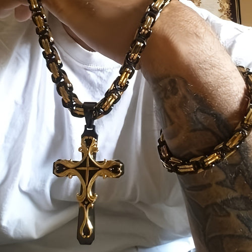 Men's Stainless Steel Cross Necklace Set 2pcs Cuban Chain with Cross Pendant Retro Hip Hop Fashion Jewelry for Men - Bold Statement Necklace Gift for Him Birthday Christmas