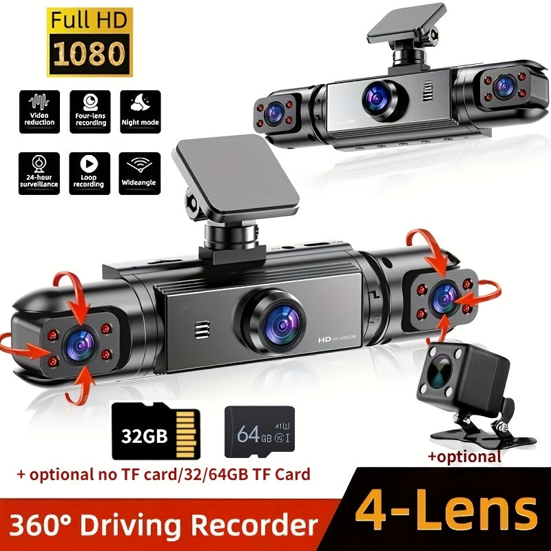 360° 4-Channel Dash Cam 1080P Full Coverage – Front 1080P + 720P Front/Rear/Left/Right, Night Vision WDR G-Sensor Loop Recording, Car Driving Recorder with Optional 32GB/64GB TF Card