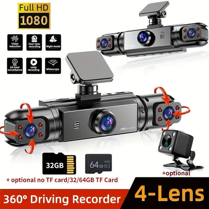 360° 4-Channel Dash Cam 1080P Full Coverage – Front 1080P + 720P Front/Rear/Left/Right, Night Vision WDR G-Sensor Loop Recording, Car Driving Recorder with Optional 32GB/64GB TF Card