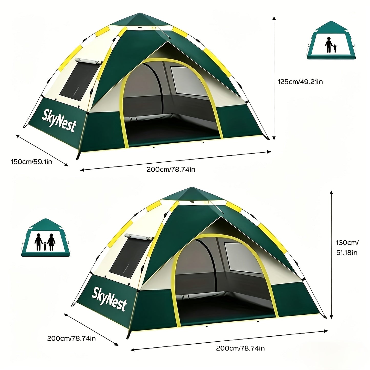 SKYNEST Automatic Instant Setup Camping Tent 1-3 and 3-4 Person All-Season Windproof Lightweight Tent Dual Doors Mesh Windows for Camping Hiking Hunting Travel Outdoor Shelter Green Beige