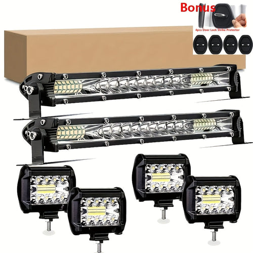 LED Light Bar Offroad Kit – 2x 10 Inch LED Light Bars + 4x 4 Inch Spot Lights for Jeep Truck SUV 4x4 Off-Road Driving, Waterproof Bright White Work Lights, Easy Install (Battery Not Included)