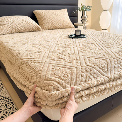 European Embossed Soft Bed Sheet Deep Pocket All Season | Super Soft Machine Washable Mattress Cover | Twin Full Queen King Bedding | Warm Breathable Fitted Sheet | White Gray Khaki Blue Green