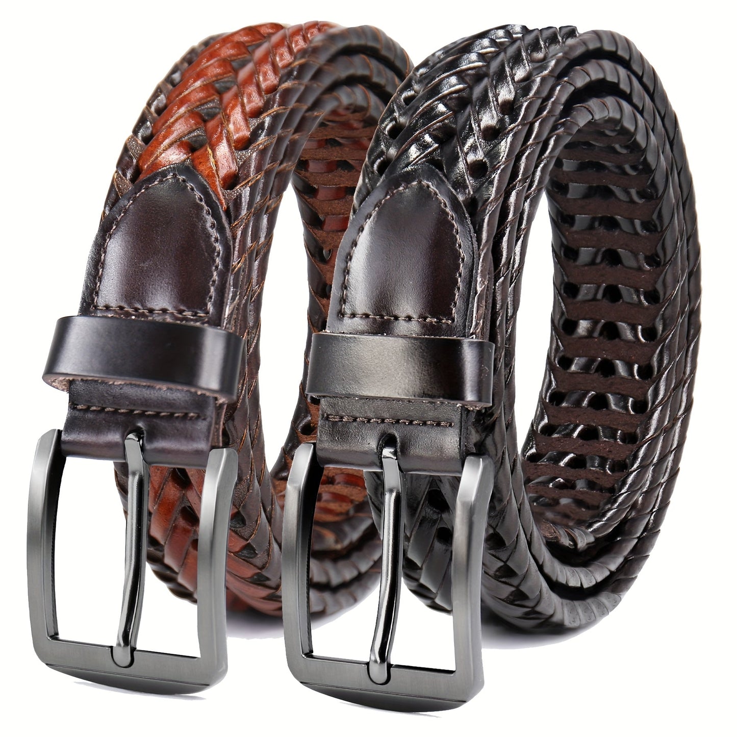 Men's Leather Braided Belt 2 Pack - Casual Dress Belt for Golf Pants Jeans Everyday Wear Zinc Alloy Buckle Multiple Colors Sizes 34-50