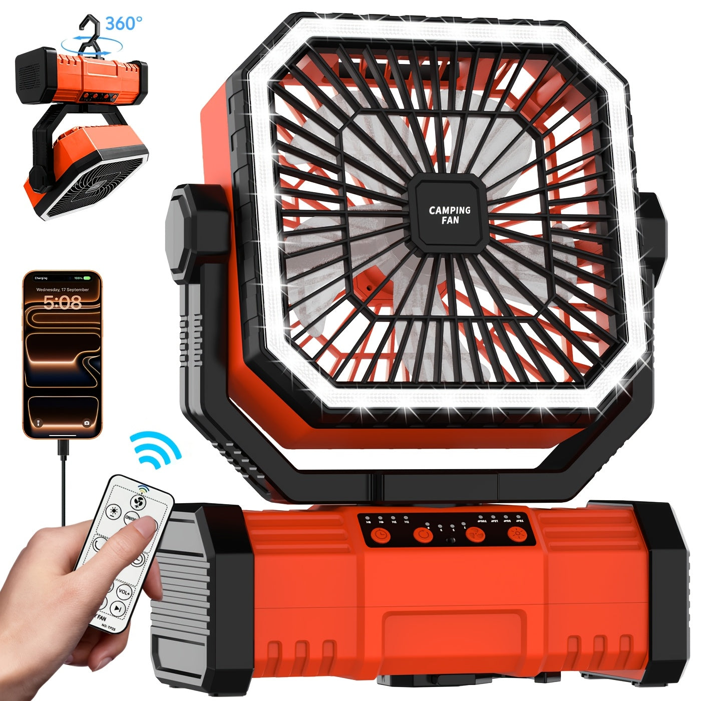 20000mAh Portable Camping Fan with Remote Control, LED Lights, 4 Speeds & 360° Rotation – Rechargeable Battery Operated Oscillating Tent Fan for Outdoor Camping, RV & Travel