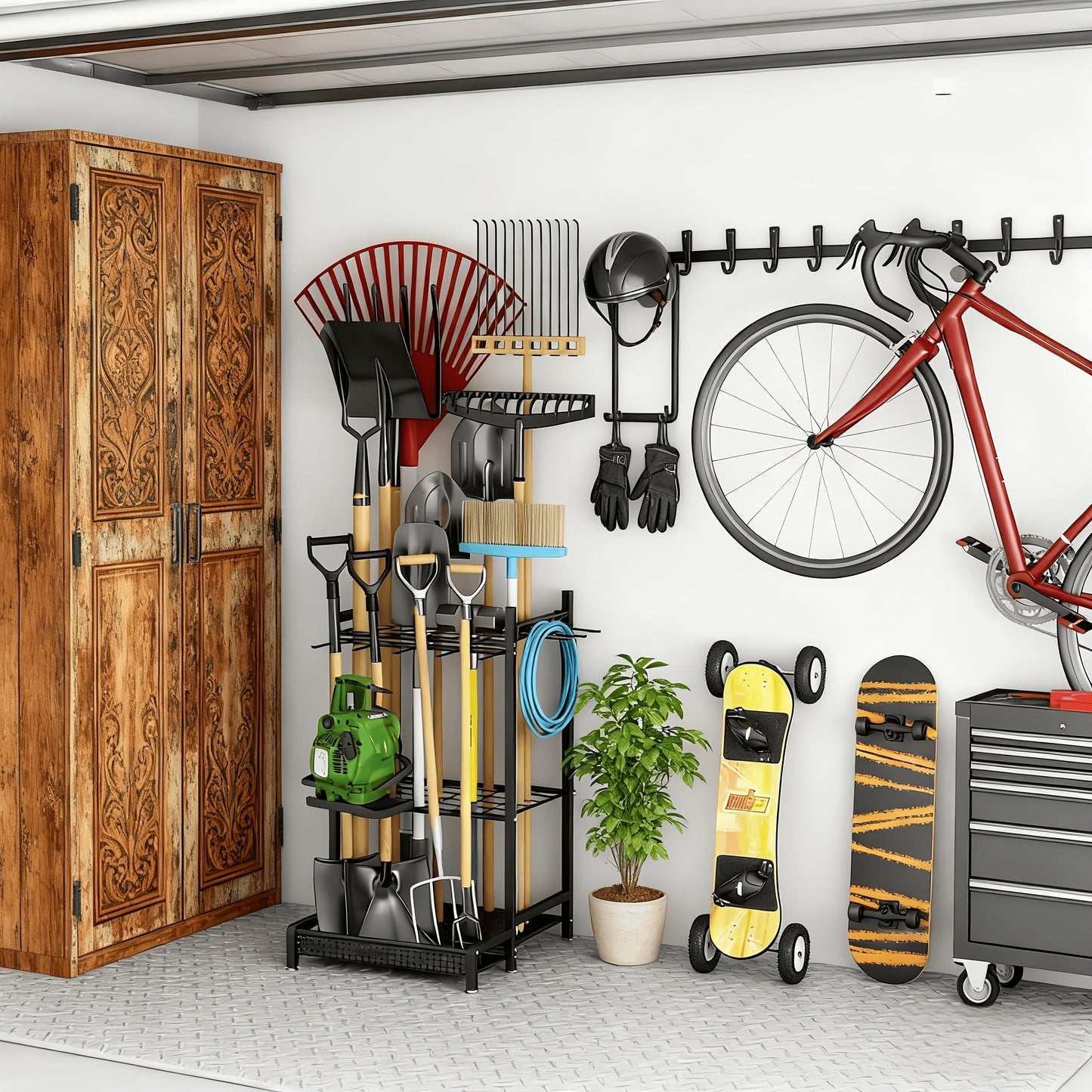 Garden Tool Organizer for Garage Heavy Duty Metal Rack with Hooks – Freestanding Yard Tool Stand Holder for Long-Handled Brooms, Shovels, Rakes & Outdoor Tools, Black Storage Rack
