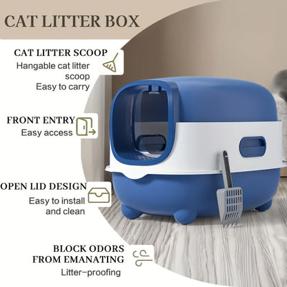 Covered Cat Litter Box with Scoop – Spacious Fully Enclosed Spill-Proof Design, Easy to Clean & Store, Ideal for Small to Medium Cats, Available in Gray Purple & Blue