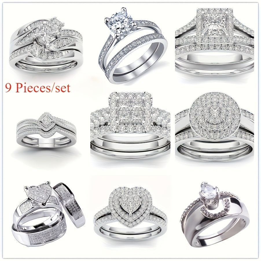 9 Piece Princess Cut Cubic Zirconia Bridal Wedding Ring Set for Women – Stackable Engagement Rings, Classic Jewelry Gift for Girlfriend & Wife