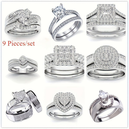 9 Piece Princess Cut Cubic Zirconia Bridal Wedding Ring Set for Women – Stackable Engagement Rings, Classic Jewelry Gift for Girlfriend & Wife