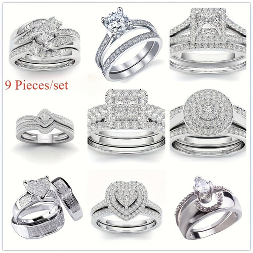 9 Piece Princess Cut Cubic Zirconia Bridal Wedding Ring Set for Women – Stackable Engagement Rings, Classic Jewelry Gift for Girlfriend & Wife