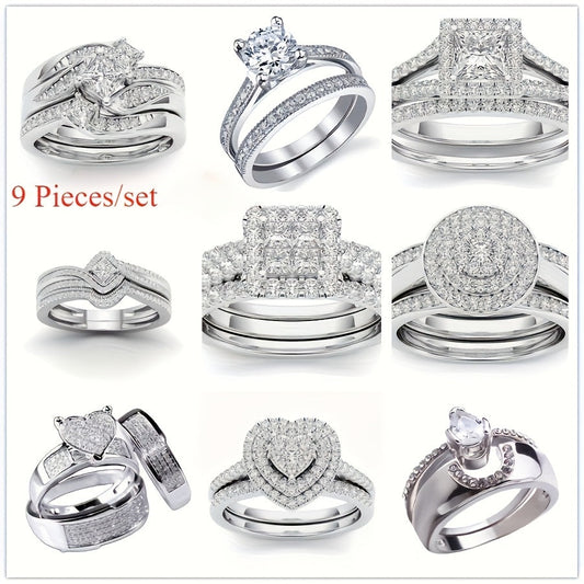 9 Piece Princess Cut Cubic Zirconia Bridal Wedding Ring Set for Women – Stackable Engagement Rings, Classic Jewelry Gift for Girlfriend & Wife