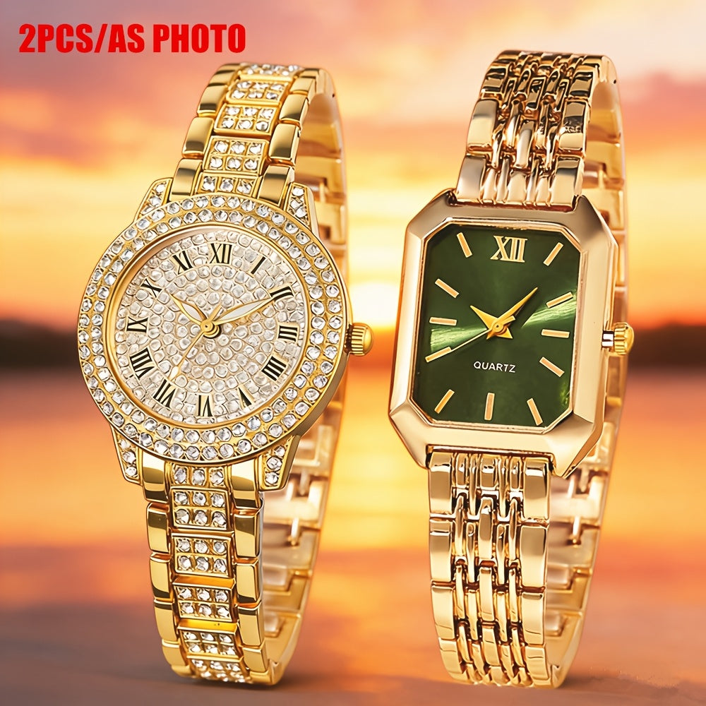 Set of 2 Women's Watches Gold Quartz Wristwatch – Elegant Ladies Analog Timepiece Set, Casual Stylish Gift for Women, Rose Gold Silver Tone