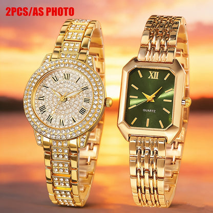 Set of 2 Women's Watches Gold Quartz Wristwatch – Elegant Ladies Analog Timepiece Set, Casual Stylish Gift for Women, Rose Gold Silver Tone