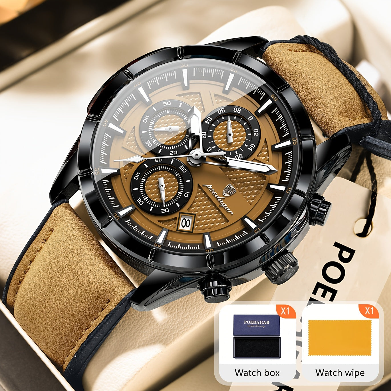 POEDAGAR Men's Waterproof Chronograph Quartz Watch Luminous Leather Strap – Calendar Date Sports Casual Wristwatch Gift for Men Black Brown Black