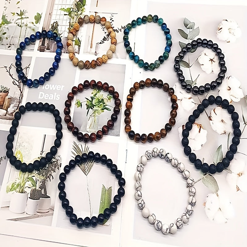 Natural Stone Beaded Bracelet Set 10pcs 8mm Round Elastic for Men Women - Boho Stackable Stretch Bracelets Unisex Healing Crystal Gemstone Wrist Jewelry for Festival, Birthday & Holiday Gift